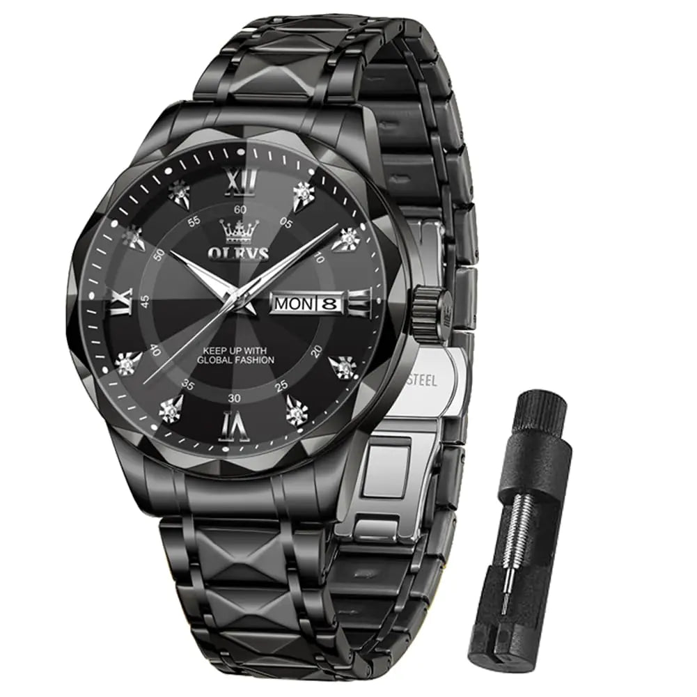 OLEVS Watch for Men Diamond Luxury Dress Classic Analog Big Wrist Large Face Business Fashion Elegant Casual Black Stainless Steel Water Resistant Quartz Men Black Watches