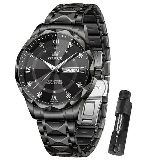 OLEVS Watch for Men Diamond Luxury Dress Classic Analog Big Wrist Large Face Business Fashion Elegant Casual Black Stainless Steel Water Resistant Quartz Men Black Watches