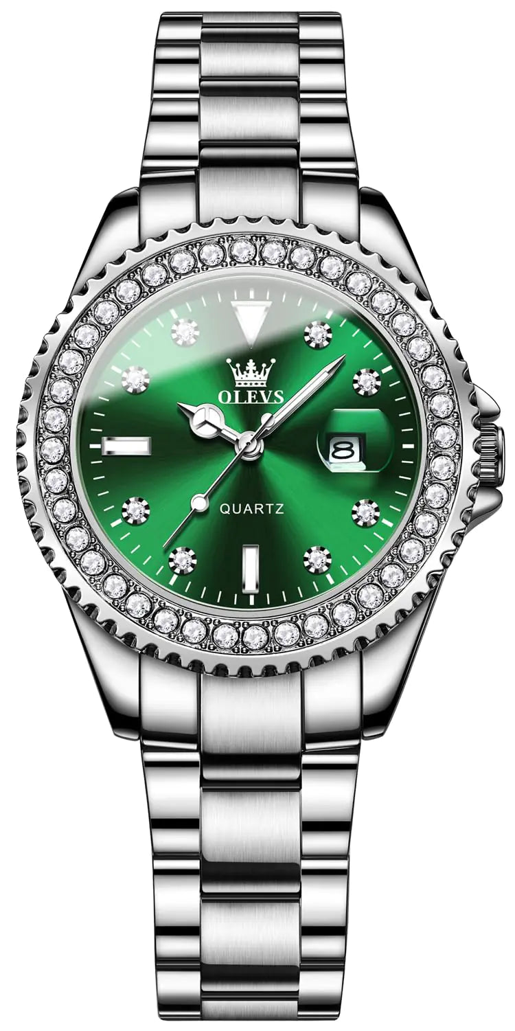 OLEVS Watches for Women Diamond Luxury Dress Silver Wrist Watch Stainless Steel Waterproof Luminous Date