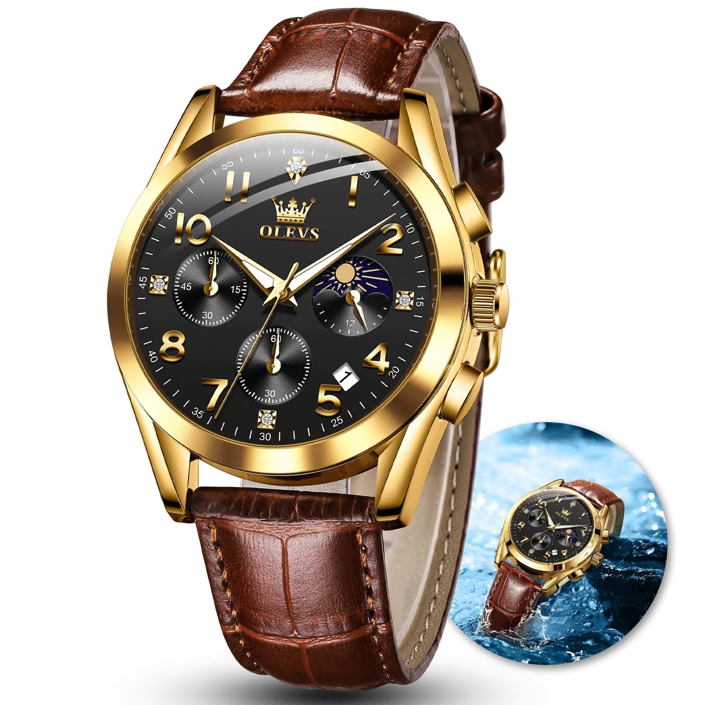 OLEVS Mens Watches with Leather Band Auto Date Quartz Brown Watches for Men Gold Black Dial Mens Chronograph Watch Waterproof Diamond Classic Mens Wrist Watch Reloj De Hombre Arabic Numeral