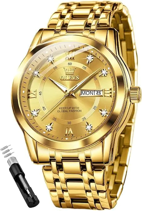 OLEVS Men Watch Blue Gold Analog Quartz Stainless Steel Waterproof Luminous Date Luxury Casual Watch