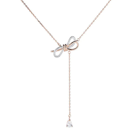 S925 Silver Bow Necklace with Diamond Accents for Women
