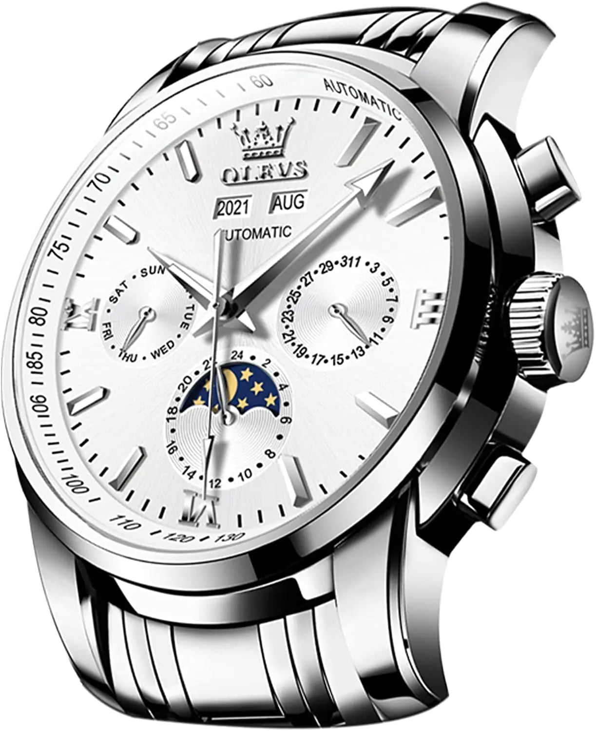 OLEVS Automatic Men Watch Self Winding Mechanical Luxury Dress Moon Phase Stainless Steel Black Watch Waterproof Luminous Calendar Wrist Watch